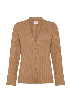 Cardigan lavorato a maglia marrone con scollo a V, maniche lunghe, tre bottoni di legno e texture a costine. Presenta un logo sottile sul lato sinistro.