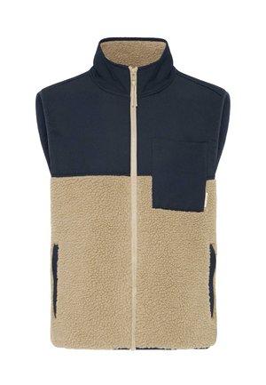 Gestepptes Weste mit Reißverschluss vorne, mit einem dunkelblauen oberen Abschnitt und einem hellbraunen, strukturierten Fleece-Unterteil sowie seitlichen Taschen.
