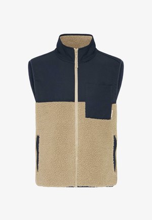 Gestepptes Weste mit Reißverschluss vorne, mit einem dunkelblauen oberen Abschnitt und einem hellbraunen, strukturierten Fleece-Unterteil sowie seitlichen Taschen.