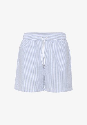 Pantaloni scurți de baie cu dungi în nuanțe de albastru deschis și alb, cu talie elastică și șnur, buzunare laterale și o croială lejeră.
