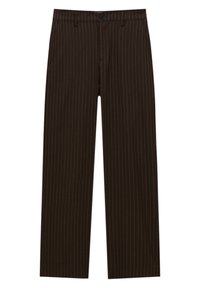 Bruna randiga byxor tillverkade av vävt tyg, med rak benpassform, bältesöglor, framfickor och knappstängning.