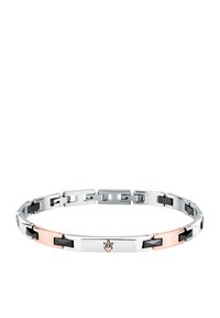 Bracciale in metallo con sezioni alternate di argento, nero e oro rosa, caratterizzato da un design a maglie geometriche e un accento con logo.