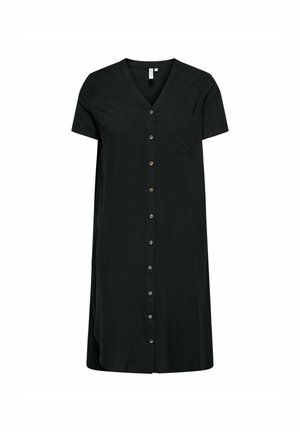 Čierne nakrčené šaty z hladkej látky so krátkymi rukávmi, v-krkom, náprsníkom a voľným strihom.