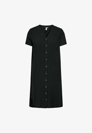 Čierne nakrčené šaty z hladkej látky so krátkymi rukávmi, v-krkom, náprsníkom a voľným strihom.