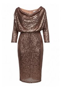 Paillettenjurk in brons met een gedrapeerde off-shoulder halslijn, driekwart mouwen en een getailleerd silhouet. Ritssluiting aan de achterkant.