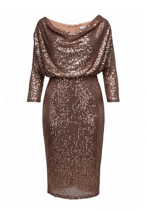 Sukienka z cekinami w kolorze brązowym, z dekoltem z marszczonym odsłoniętym ramieniem, rękawami do łokcia i dopasowanym fasonem. Zapięcie z tyłu na zamek.