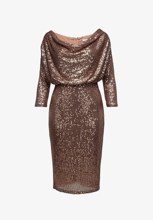 Sukienka z cekinami w kolorze brązowym, z dekoltem z marszczonym odsłoniętym ramieniem, rękawami do łokcia i dopasowanym fasonem. Zapięcie z tyłu na zamek.