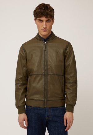 Olive green leather bomber jacket with a zip closure, ribbed cuffs, and a round collar. Smooth texture with subtle stitching detail.