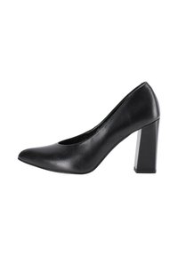 Schwarzer High Heel aus glattem Leder, mit spitz zulaufender Schuhspitze und einem stabilen Blockabsatz. Einfaches und elegantes Design.