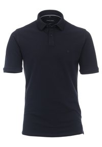 Granatowa koszulka polo z gładkiej bawełny, z klasycznym kołnierzykiem, zapięciem na dwa guziki oraz małym haftowanym logo na piersi.