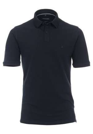 Marineblaue Polo-Shirt aus glattem Baumwollstoff mit klassischem Kragen, zwei Knöpfen und einem kleinen, auf der Brust gestickten Logo.
