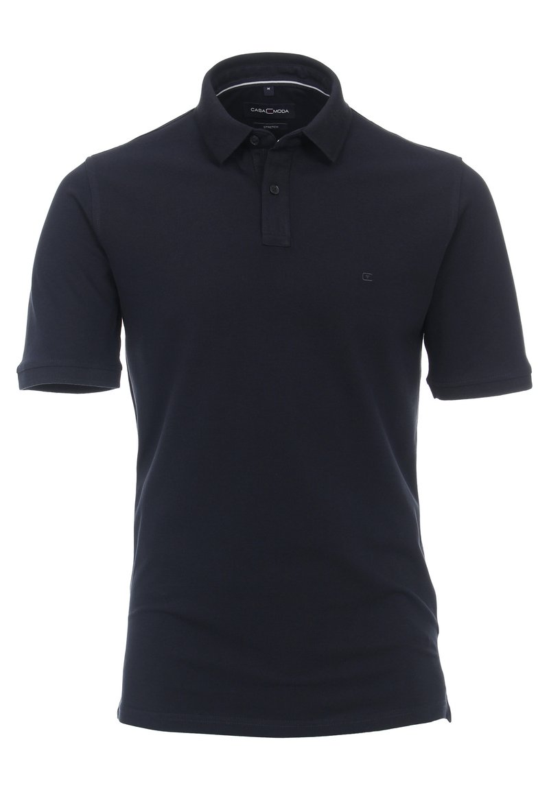 Granatowa koszulka polo z gładkiej bawełny, z klasycznym kołnierzykiem, zapięciem na dwa guziki oraz małym haftowanym logo na piersi.
