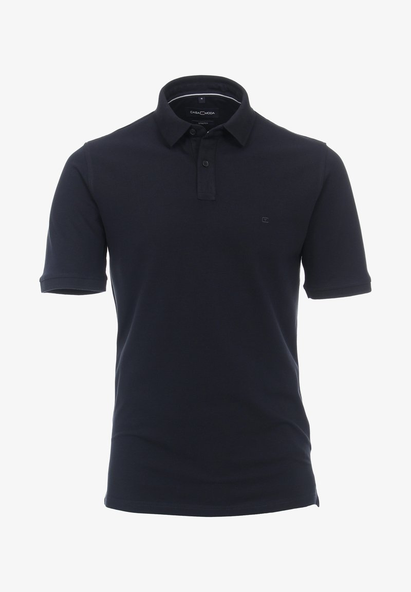 Granatowa koszulka polo z gładkiej bawełny, z klasycznym kołnierzykiem, zapięciem na dwa guziki oraz małym haftowanym logo na piersi.