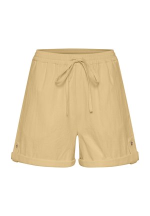 Svetlo rumeni šortsi iz mehkega blaga z elastičnim pasom, vrvico za zategovanje in zavihanimi robovi, ki imajo na straneh gumbe.