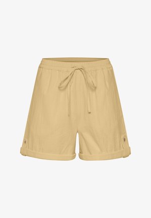 Lichtgele shorts gemaakt van zachte stof, met een elastische tailleband, een trekkoord en opgerolde cuffs met knoopaccenten aan de zijkanten.