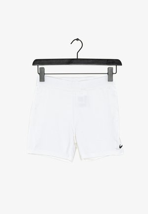 Pantaloncini da corsa bianchi Nike con un piccolo logo nero sulla parte inferiore della gamba sinistra, appesi a una gruccia nera su sfondo bianco.