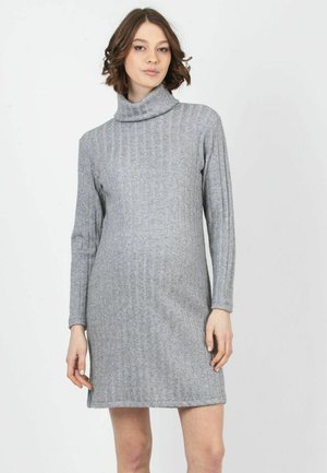 Gray ribbed knit dress with a high neck and long sleeves, featuring a relaxed fit that falls above the knee. Soft texture and minimal design.