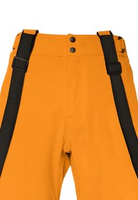 Oranje broek met zwarte bretels, twee zwarte knopen in de taille en een gladde textuur. Getailleerde pasvorm met een eenvoudig ontwerp.