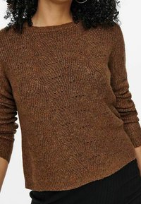 Pull marron tricoté avec un motif texturé, doté d'un col rond et de manches longues, fabriqué à partir d'un fil doux pour un ajustement confortable.