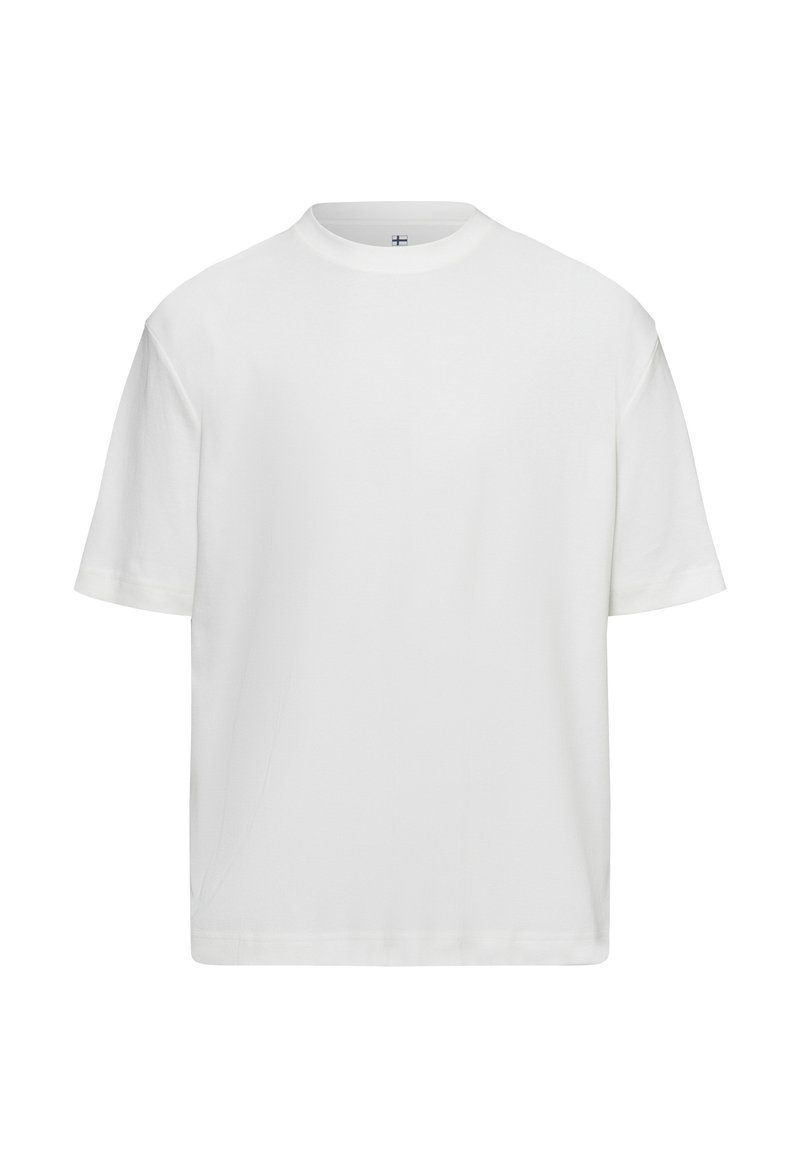 Weißes Baumwoll-T-Shirt mit Rundhalsausschnitt, kurzen Ärmeln und lockerer Passform. Glatte Textur und minimalistisches Design ohne Grafiken oder Akzente.