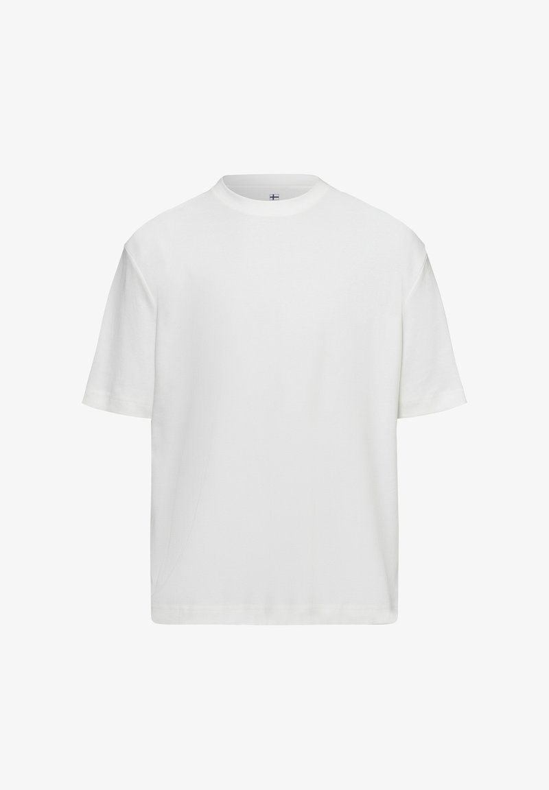 Weißes Baumwoll-T-Shirt mit Rundhalsausschnitt, kurzen Ärmeln und lockerer Passform. Glatte Textur und minimalistisches Design ohne Grafiken oder Akzente.