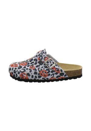 Slip-on clog with gray and black leopard print, orange peace sign pattern, adjustable silver buckle, cork footbed, and black rubber sole.