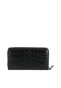 Black wallet made of croc-embossed leather, featuring a zipper closure, rectangular shape, and textured surface with a glossy finish.