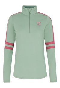 Svetlozelený pulóver s polovičným zipsom na golieri, s ružovými pruhmi na pleciach a logom na prednej strane, vyrobený z mäkkého a elastického materiálu.