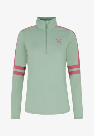 Lys grøn pullover med en halvmatchende krave, med pink skulderstriber og frontlogo tekst, lavet af et blødt, strækbart materiale.