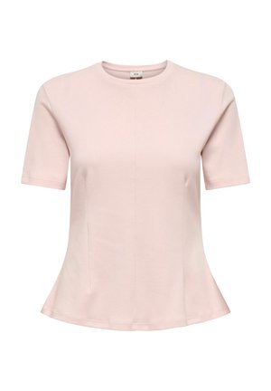 Lichtroze dames top met korte mouwen, ronde halslijn en subtiele naaddetails, iets uitlopend aan de onderkant.