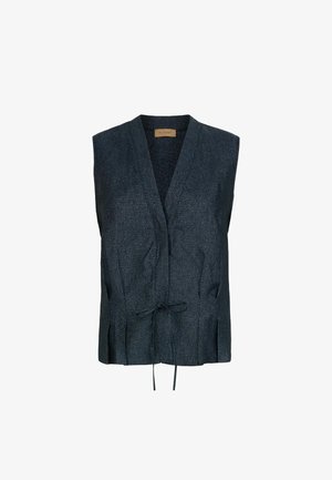 Gilet smanicato grigio scuro con trama, scollo a V, laccio frontale e dettagli sagomati in vita.