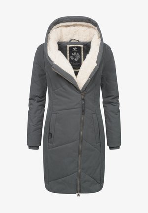 Gray hooded coat with a zip closure, lined with soft faux fur. Features quilted texture, side pockets, and a distinct tag on the interior.