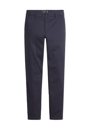 Chinos azul marino hechos de una mezcla de algodón, con un corte recto, bucles para cinturón, cierre de botón en la parte delantera y bolsillos laterales.