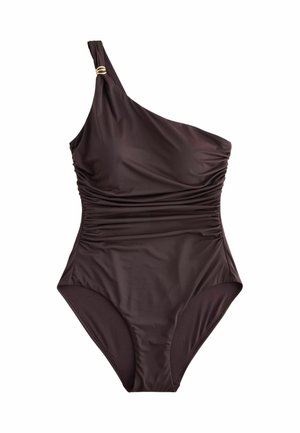 Ein schulterfreier, dunkelbrauner Badeanzug mit Raffung und einem goldenen Ringdetail am Träger, entworfen für Damen-Bademode.