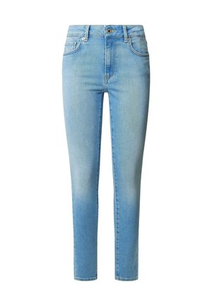 Jeans in denim azzurro chiaro con un design aderente, cinque tasche, chiusura con bottone e leggere sfumature, con dettagli di cucitura lungo le cuciture.