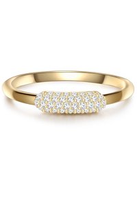 Zlati prstan z teksturiranim pasom in osrednjim elementom okrašenim z majhnimi kubičnimi cirkoni, postavljenimi v zlatih akcentih.