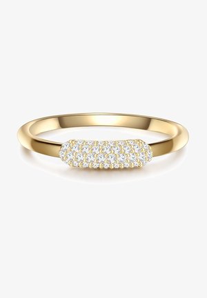Złoty pierścionek z teksturowaną obrączką, z centralnym elementem ozdobionym małymi kamieniami szlachetnymi z cyrkonii osadzonymi w złotych akcentach.