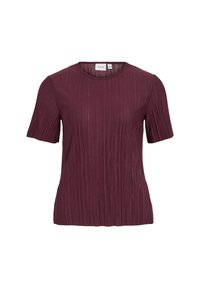 Bordeaux farvet plisseret T-shirt lavet af letvægtsstof, med rund hals og korte ærmer, samt en struktureret overflade over det hele.