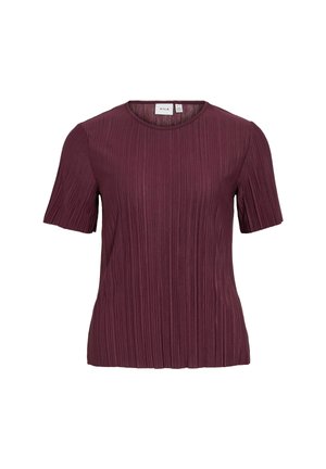 T-shirt plissé bordeaux en tissu léger, avec un col rond et des manches courtes, présentant une surface texturée sur l'ensemble.