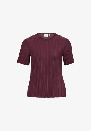 T-shirt plissé bordeaux en tissu léger, avec un col rond et des manches courtes, présentant une surface texturée sur l'ensemble.