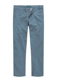 Ljusblå bomullschinos med flat front, dragkedja, sidofickor och en liten bakficka. Slät textur och skräddarsydd passform.