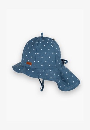 Blaues Polka-Dot-Hut mit breiter Krempe, aus einem stoffähnlichen Material mit Leinenstruktur, ausgestattet mit einem Kinnriemen und einem kleinen Markenschild.