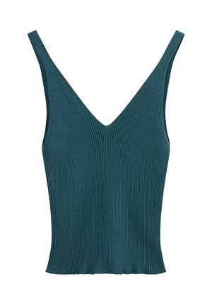 Haut sans manches en tricot côtelé couleur bleu sarcelle avec un décolleté en V profond et un ourlet légèrement froncé, conçu pour une silhouette ajustée et extensible.