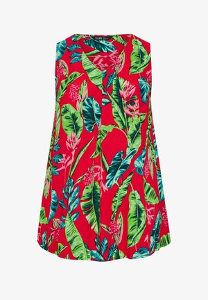 Czerwona bluzka bez rękawów z zielonym i niebieskim nadrukiem tropikalnych liści oraz różowym kwiatem, dekolt w szpic i plisowany detal z przodu.