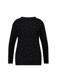 Zwarte trui met lange mouwen, ronde halslijn en verspreide parelachtige versieringen op de voorkant en mouwen. Zachte textuur.
