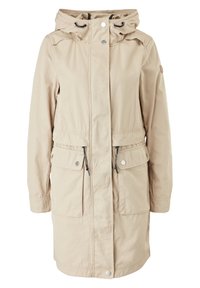 Parka longue beige à capuche avec fermeture éclair à l'avant, boutons-pression, cordons de serrage réglables à la taille et deux grandes poches à rabat.