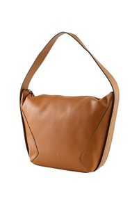 Braune Lederhandtasche mit einem lässigen Design, Reißverschluss und einem breiten Schultergurt. Verfügt über minimale Nähte und eine kantige Form.