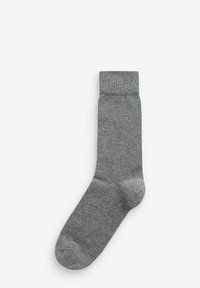 Grau gestrickte Socke mit einem gerippten Bündchen, glatter Textur und klassischer Form, verstärkter Fußspitze und Ferse.