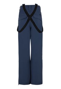 Navyblauwe skibroek met een verstelbaar zwart harnas systeem, zijzakken en ritsen bij de pijpen voor gemakkelijk aan- en uittrekken. Gladde textuur.
