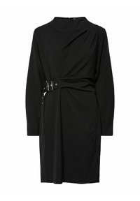 Černé šaty s dlouhými rukávy a detailem postranního pásku. Vyrobené z hladkého materiálu, s drapovaným designem a vysokým výstřihem.